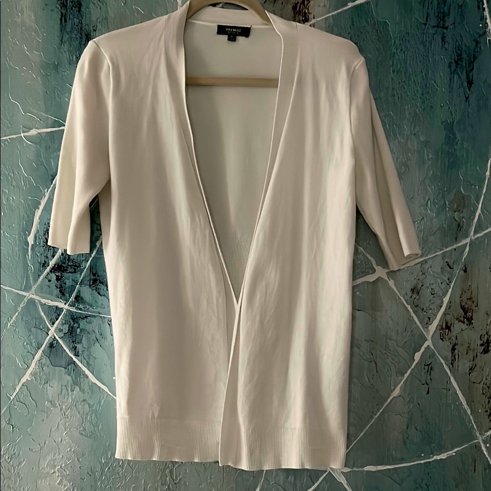 Premise off-white open front cardigan with V-Neck and Elbow-Length Sleeves